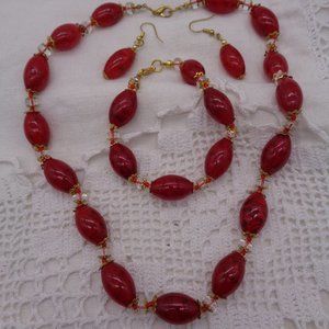 Red Glass Bead Set Necklace, Bracelet, Earrings